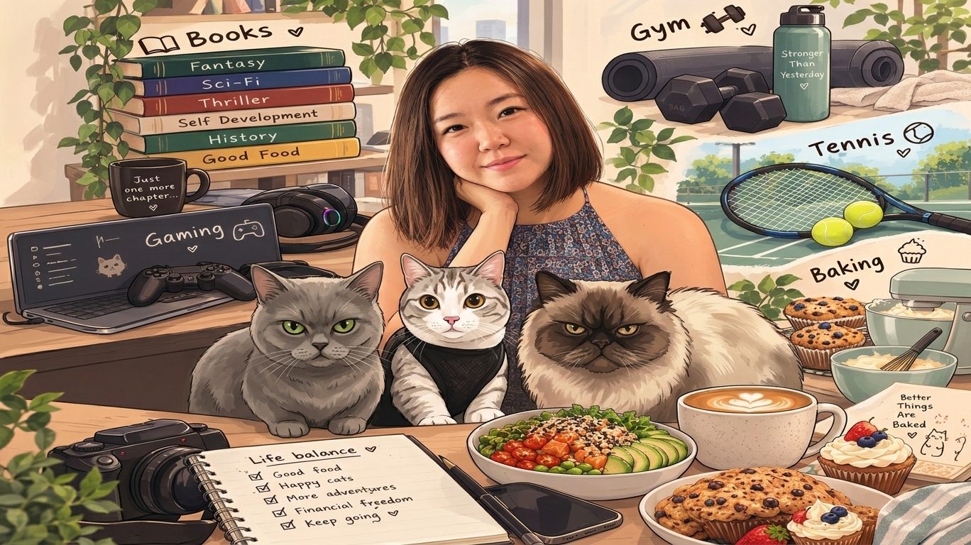 Illustration of me with my three cats, surrounded by my hobbies: books, gaming, gym, tennis, baking and food